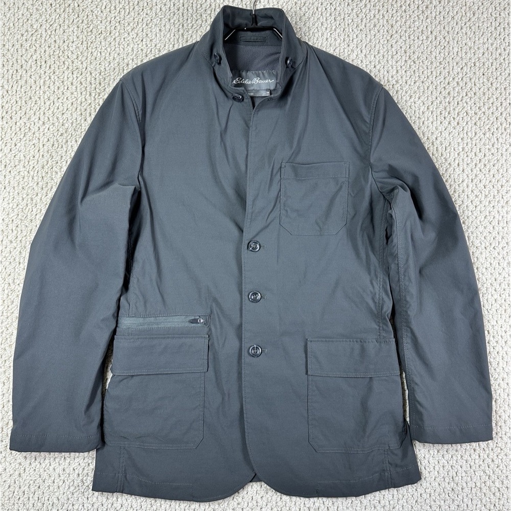 Eddie Bauer Travex Voyager Jacket Mens 38 Dark Gray Blazer Travel Stretch Button